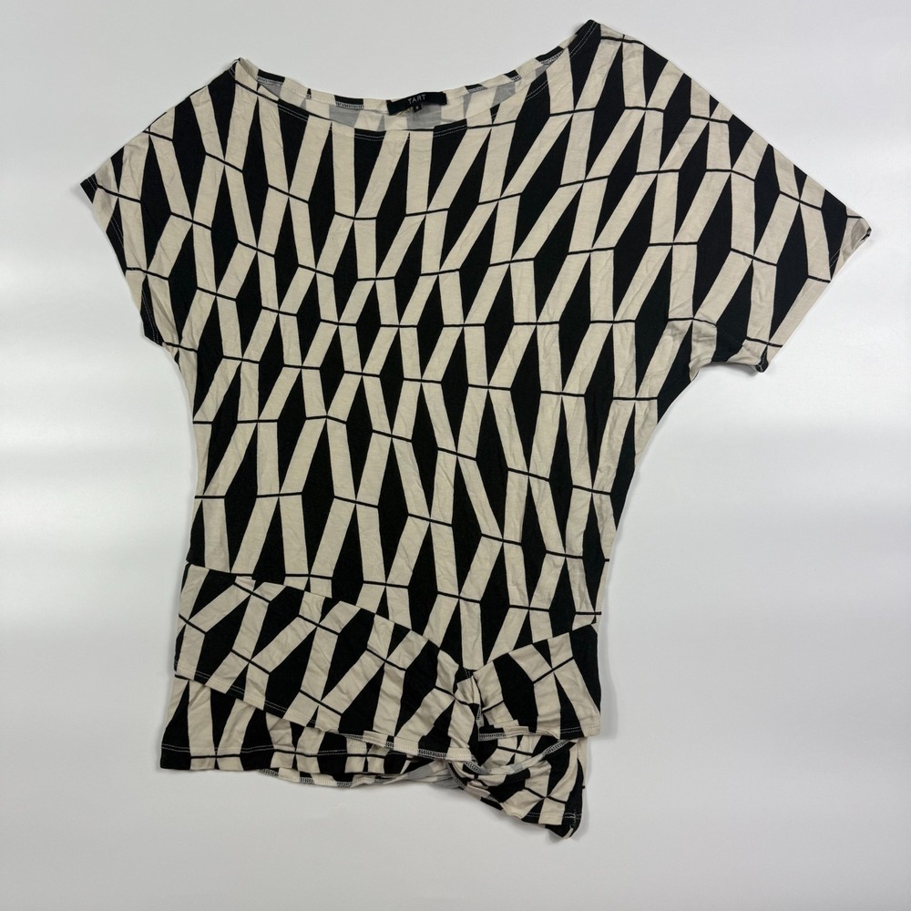 Tart Shirt Top Womens Small Black White Geo Print Stretch Short Sleeve Twist Hem